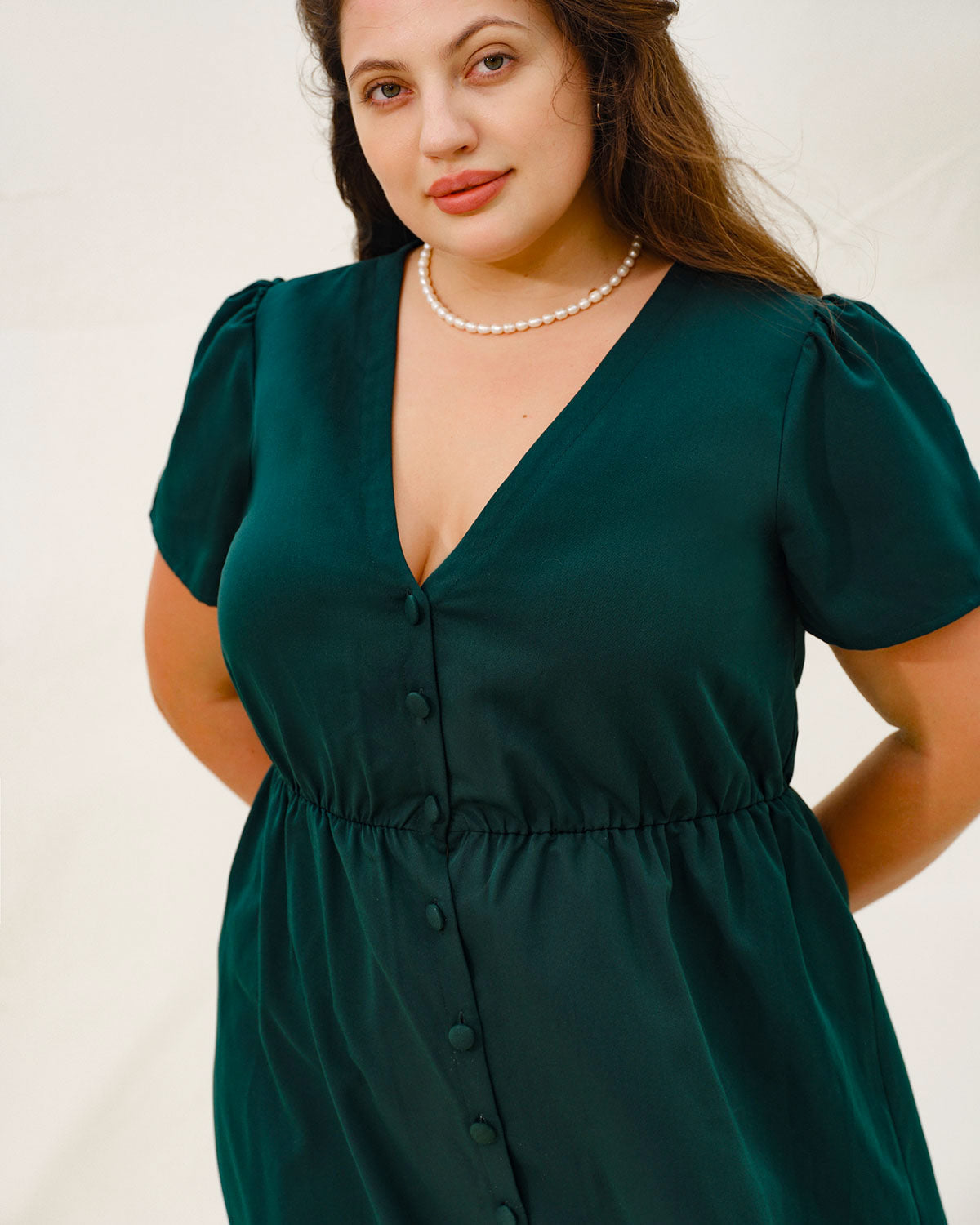Green Puffed Sleeve Plus Size Mini Dress - Threadford