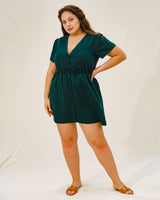 Green Puffed Sleeve Plus Size Mini Dress - Threadford