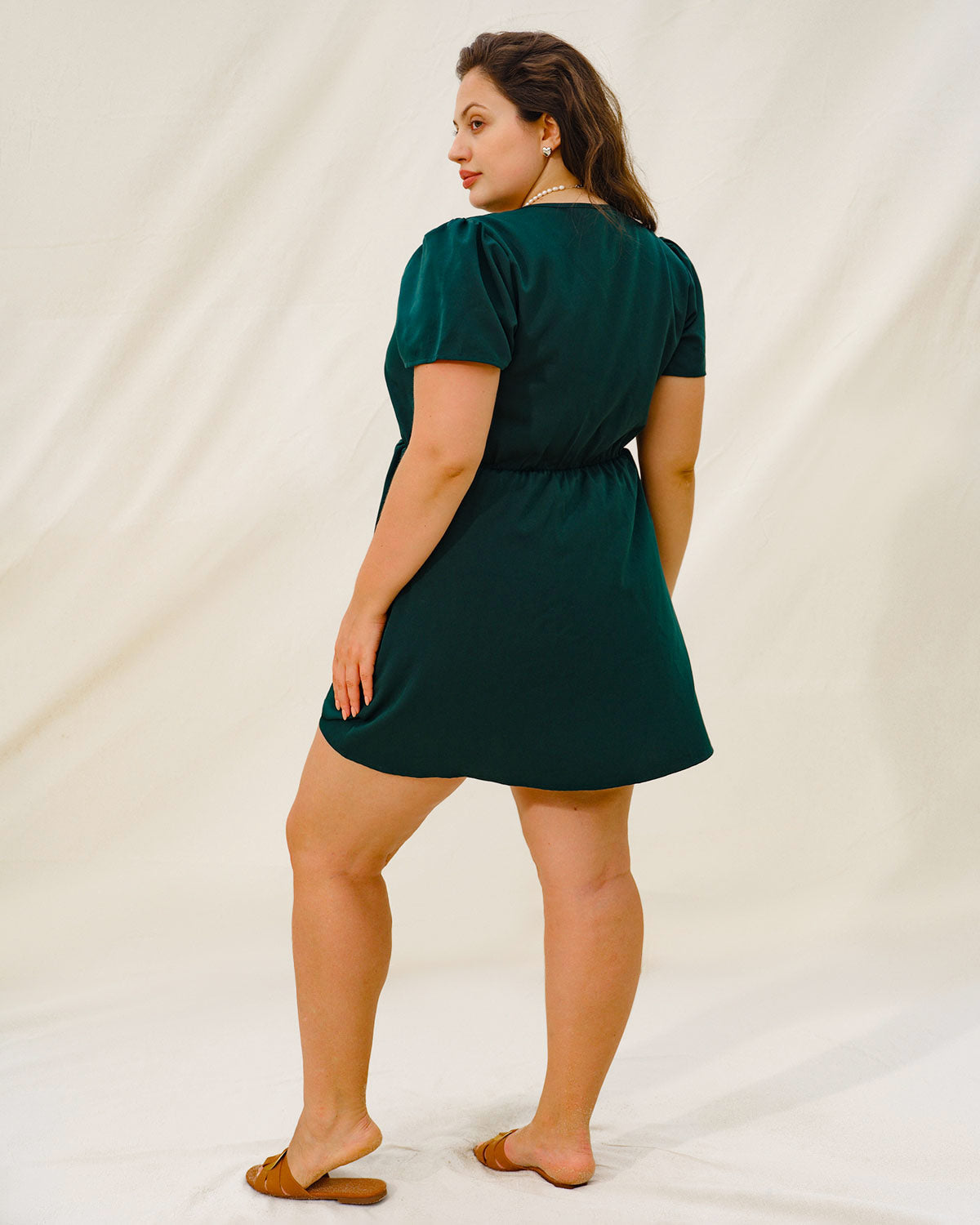 Green Puffed Sleeve Plus Size Mini Dress - Threadford