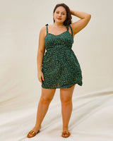 Green Floral Tie Strap Plus Size Mini Dress - Threadford