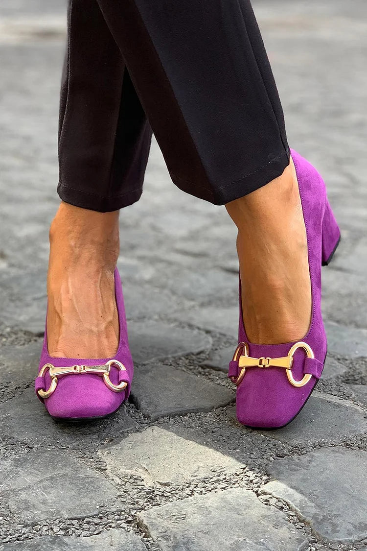 Chunky Heels with Alloy Buckle and Square Toe in Solid Colour - Threadford