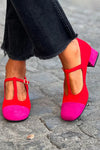 Red high-heeled shoes with round toe, patchwork T-strap and buckle - Threadford