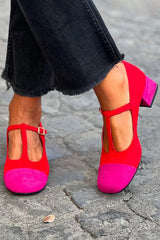 Red high-heeled shoes with round toe, patchwork T-strap and buckle - Threadford
