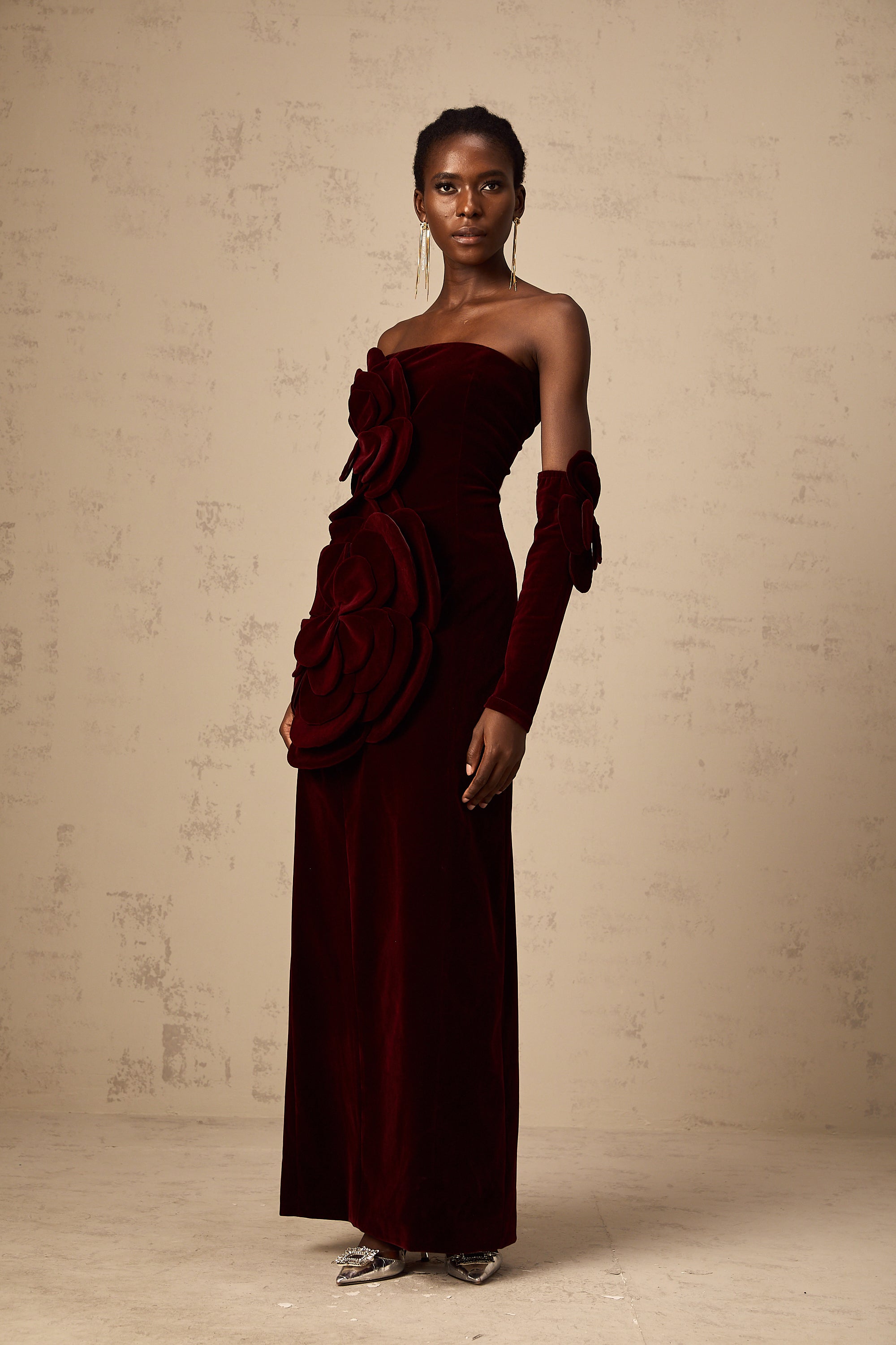 Azura Red Floral Appliqué Maxi Dress - Threadford