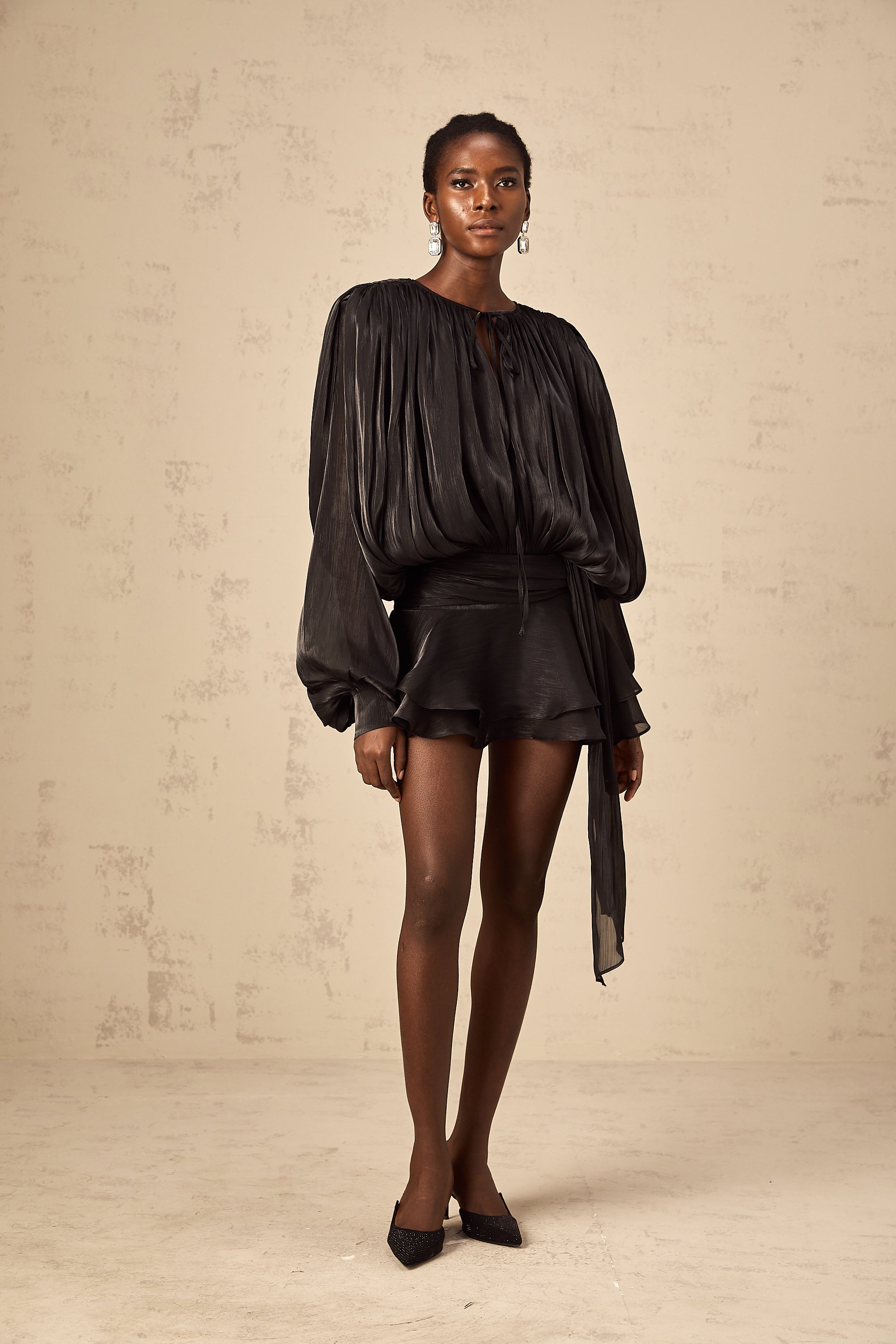 Eugénie Black Fully Pleated Ruffled Mini Dress - Threadford