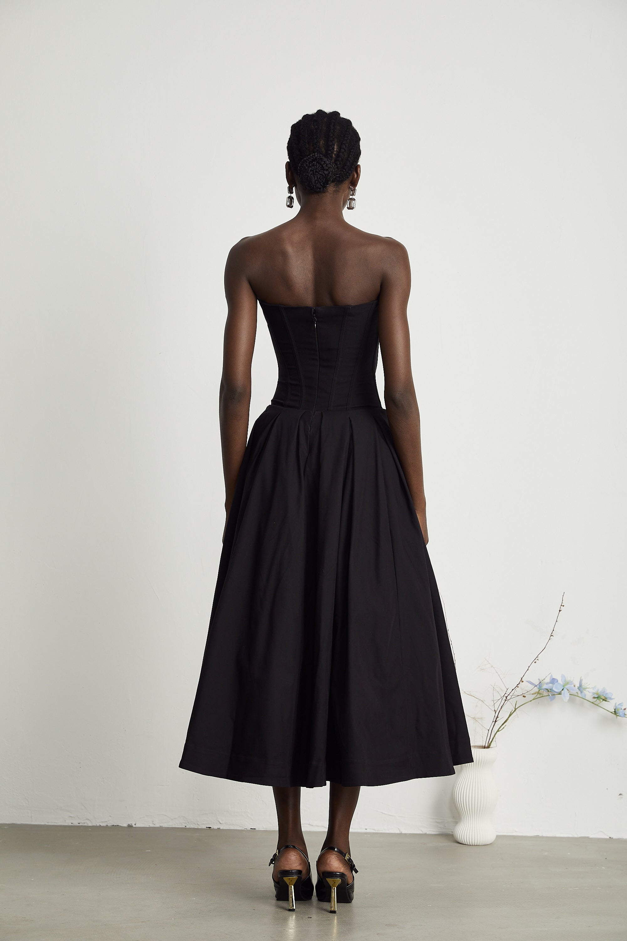 Katherine Black Off-Shoulder Corset Midi Dress - Threadford
