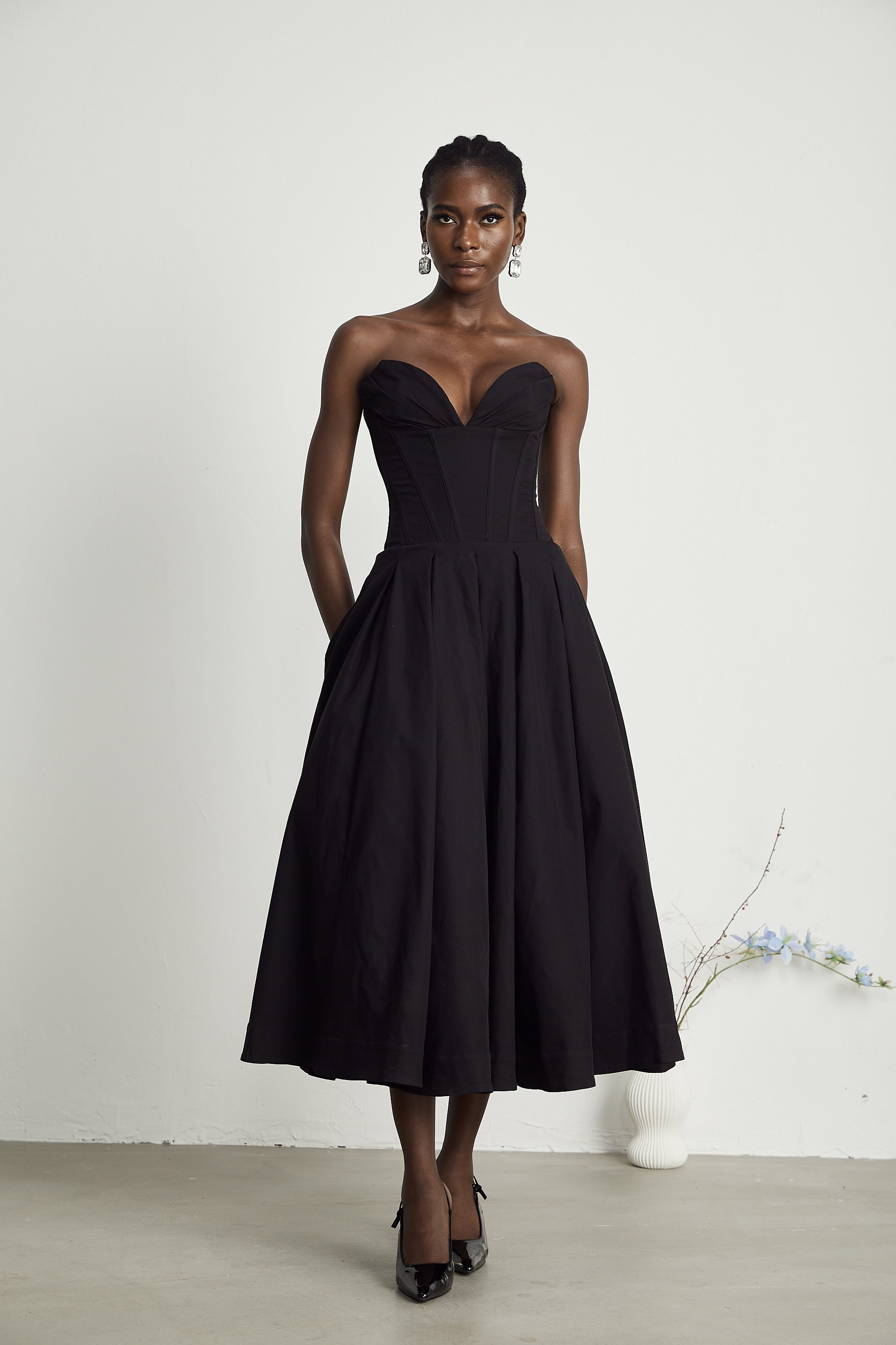 Katherine Black Off-Shoulder Corset Midi Dress - Threadford