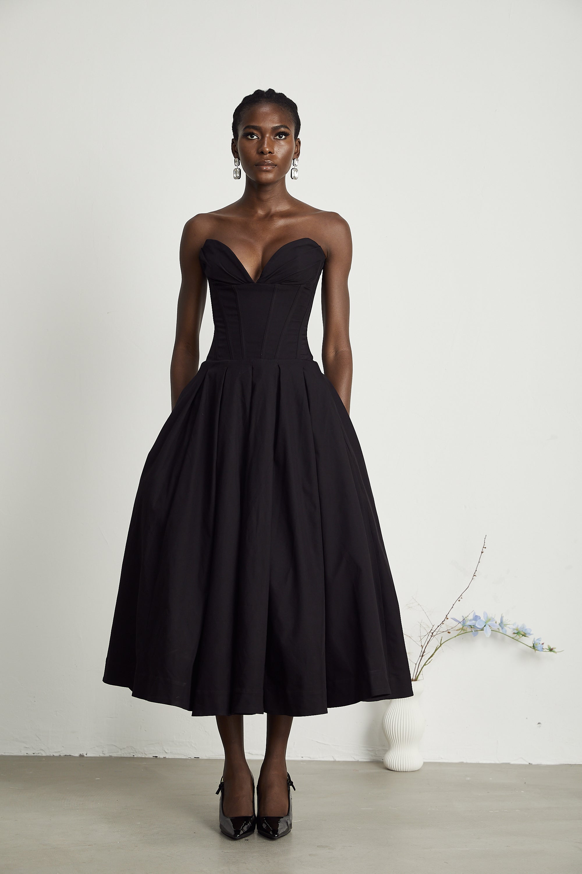 Katherine Black Off-Shoulder Corset Midi Dress - Threadford