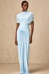 Catherine asymmetrical pleated maxi dress in Baby-blue - Threadford