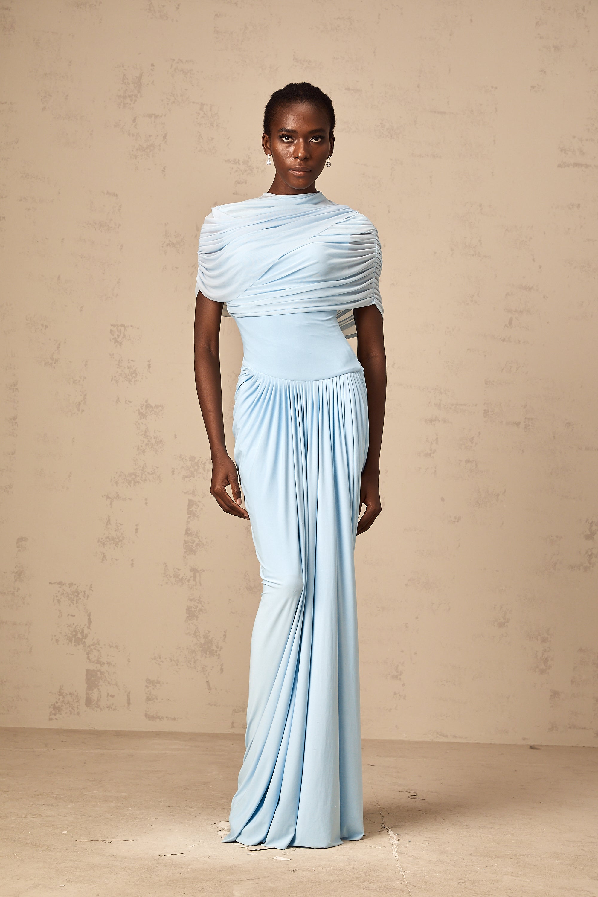 Catherine asymmetrical pleated maxi dress in Baby-blue - Threadford
