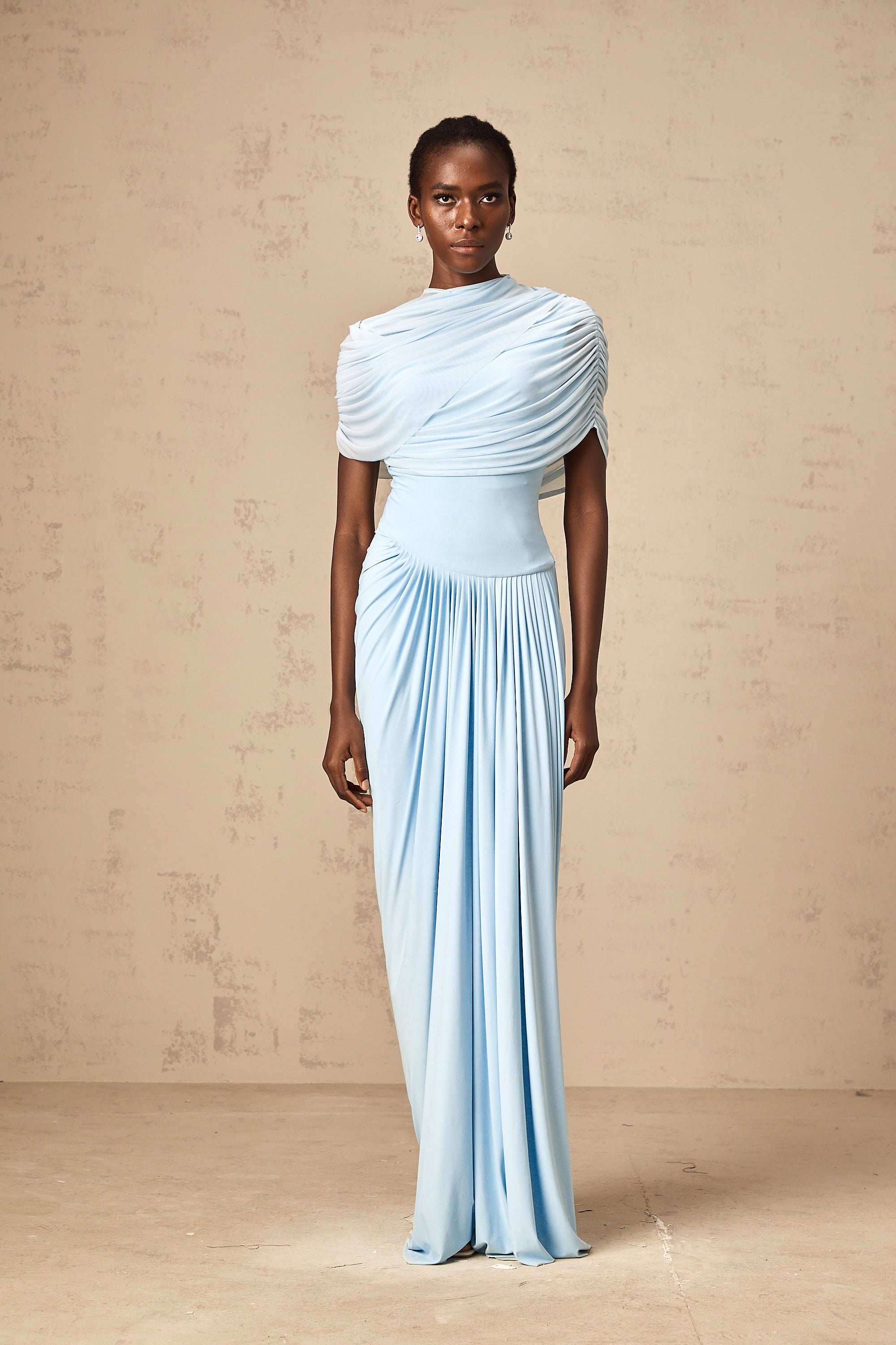 Catherine asymmetrical pleated maxi dress in Baby-blue - Threadford