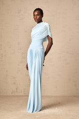 Catherine asymmetrical pleated maxi dress in Baby-blue - Threadford