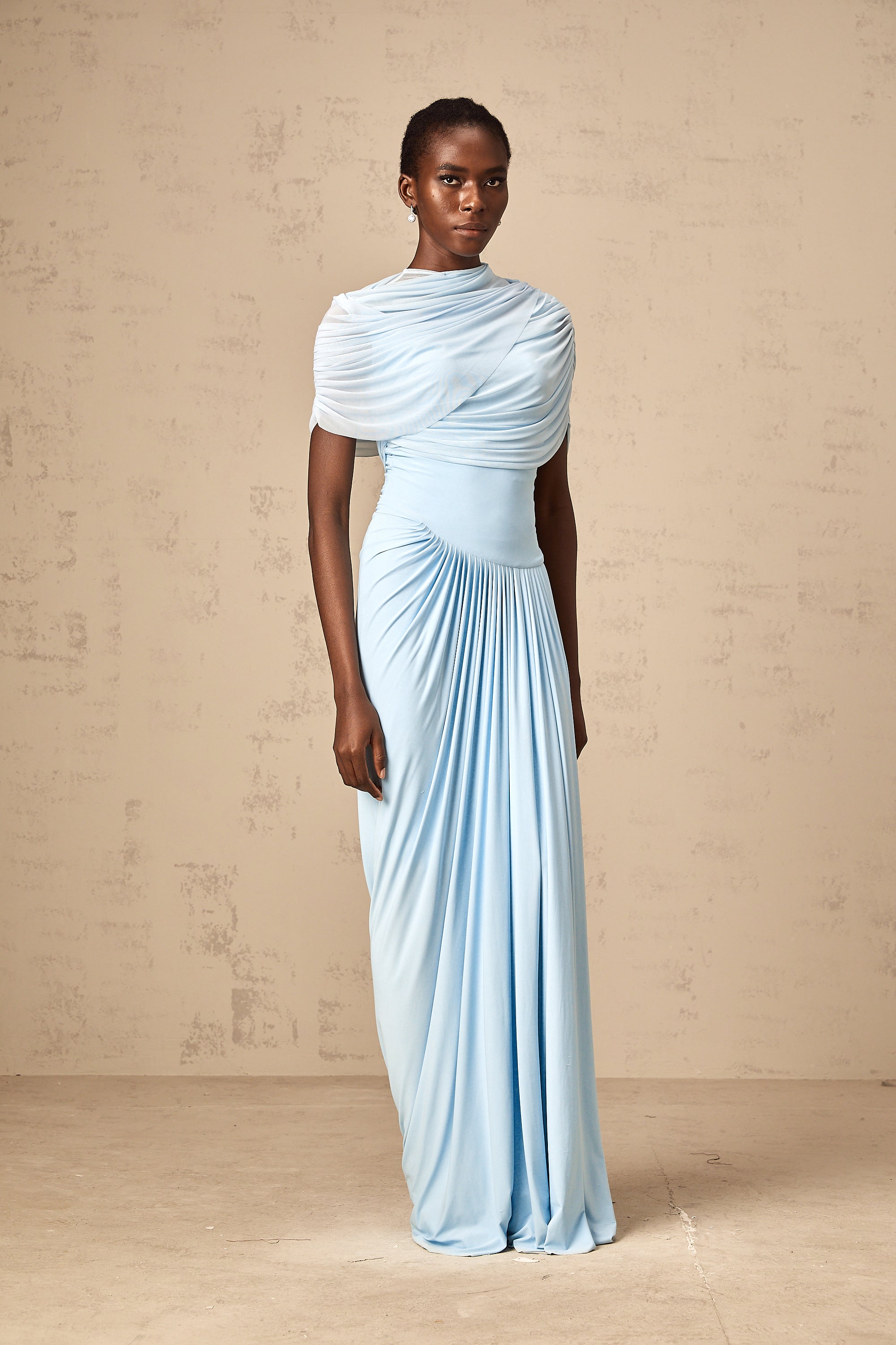 Catherine asymmetrical pleated maxi dress in Baby-blue - Threadford