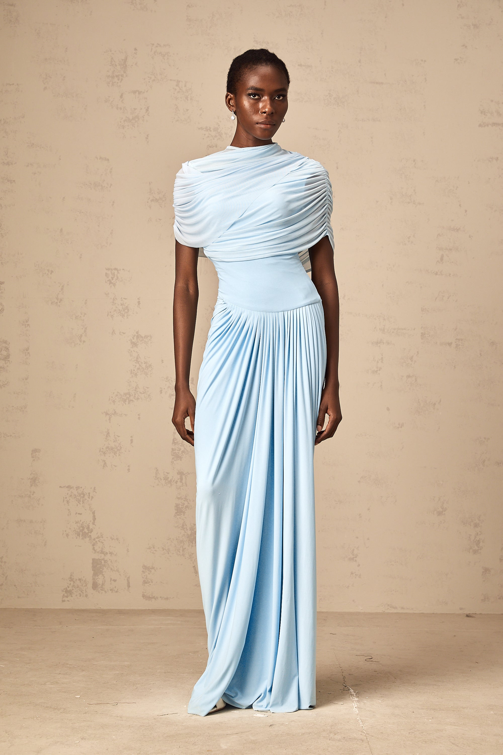 Catherine asymmetrical pleated maxi dress in Baby-blue - Threadford