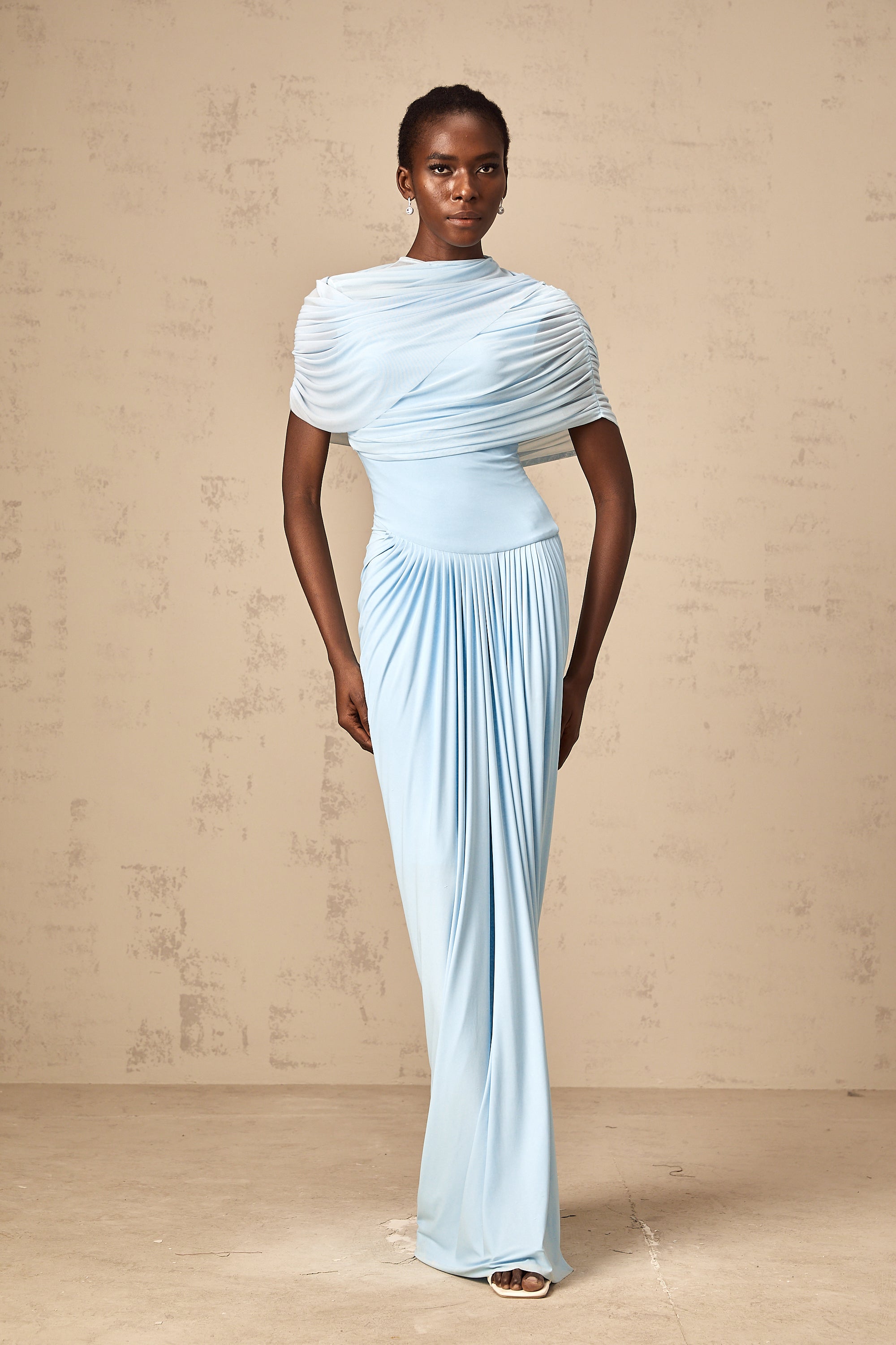 Catherine asymmetrical pleated maxi dress in Baby-blue - Threadford
