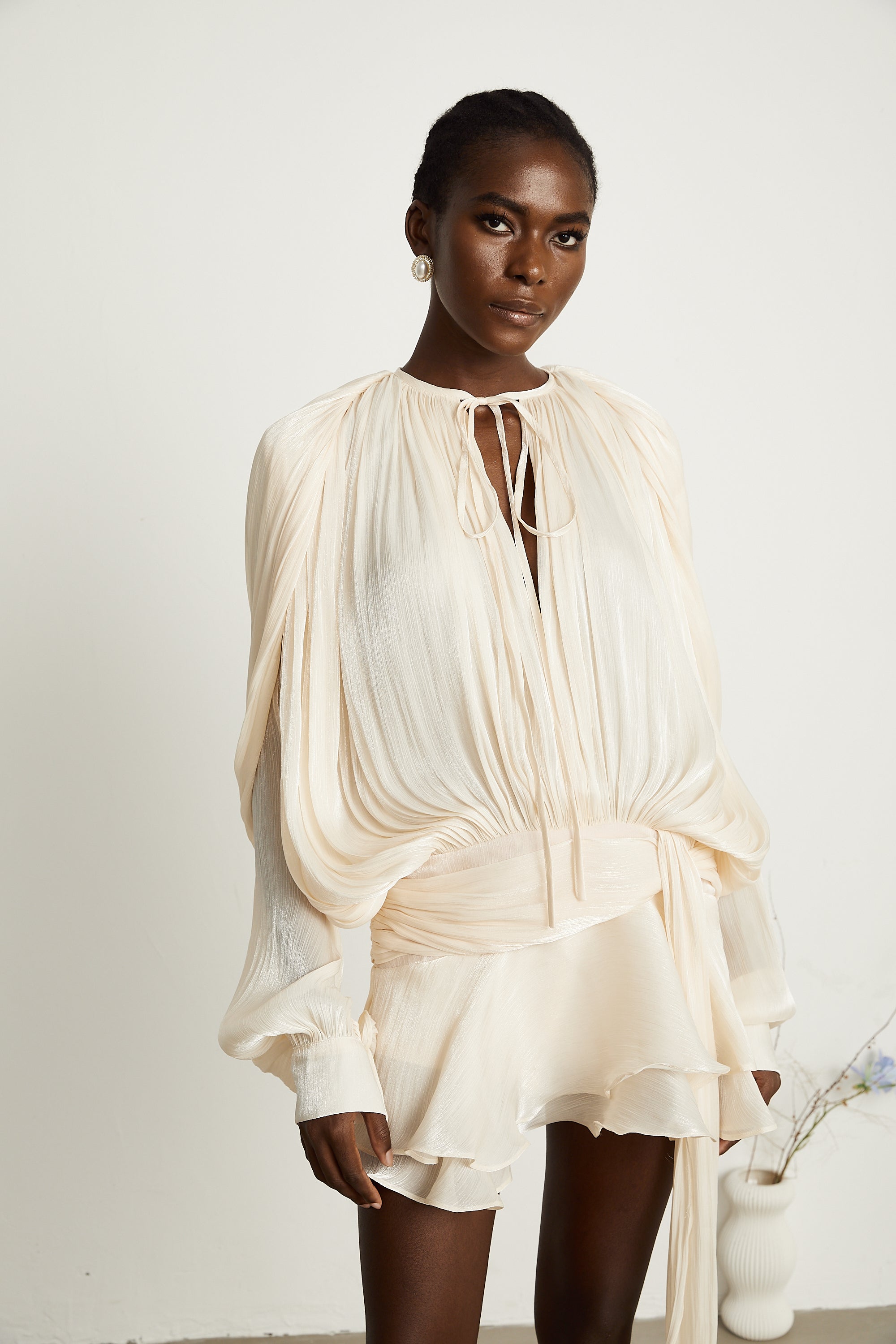 Eugénie Neutral Fully Pleated Ruffled Mini Dress - Threadford