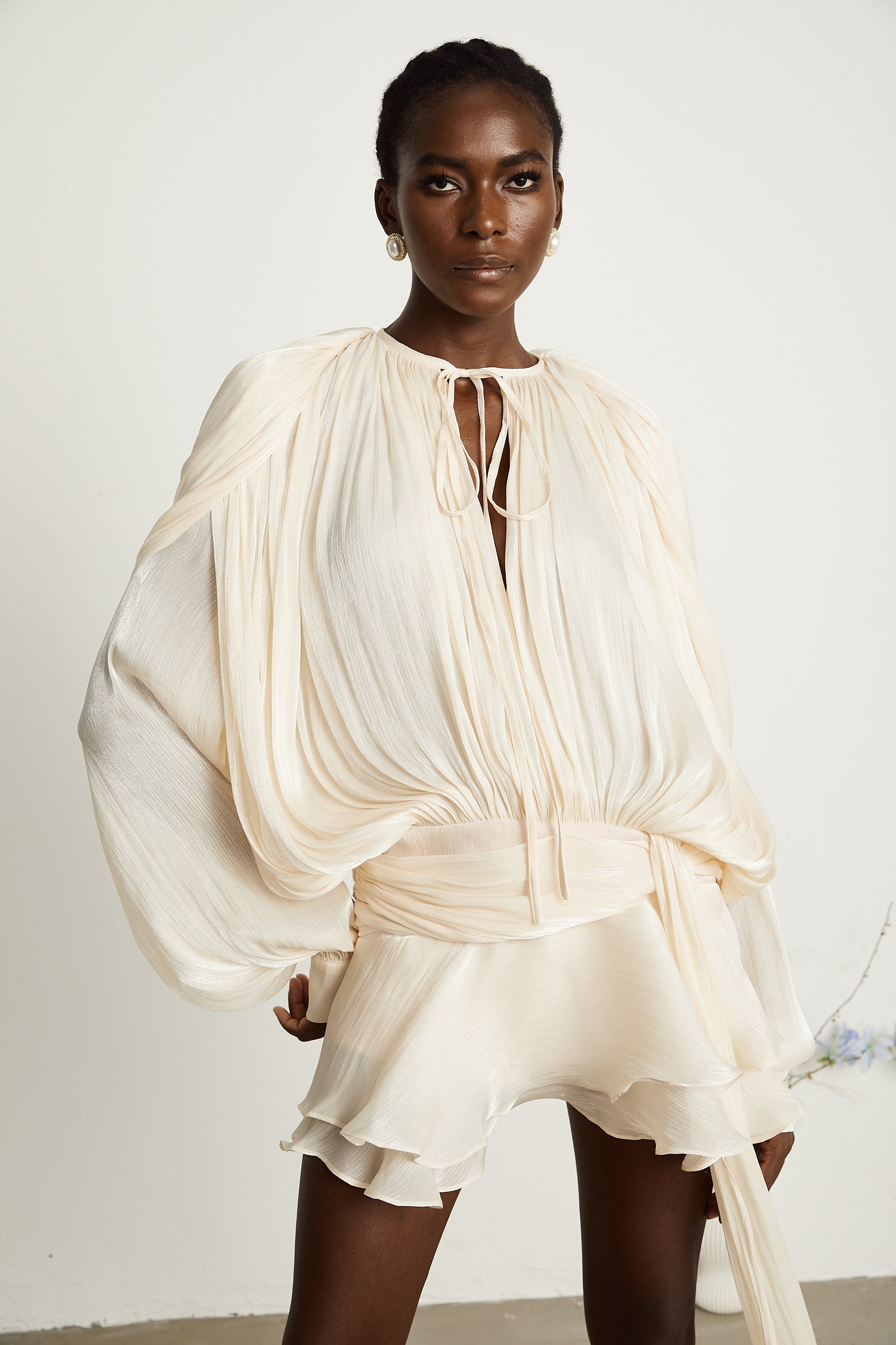 Eugénie Neutral Fully Pleated Ruffled Mini Dress - Threadford