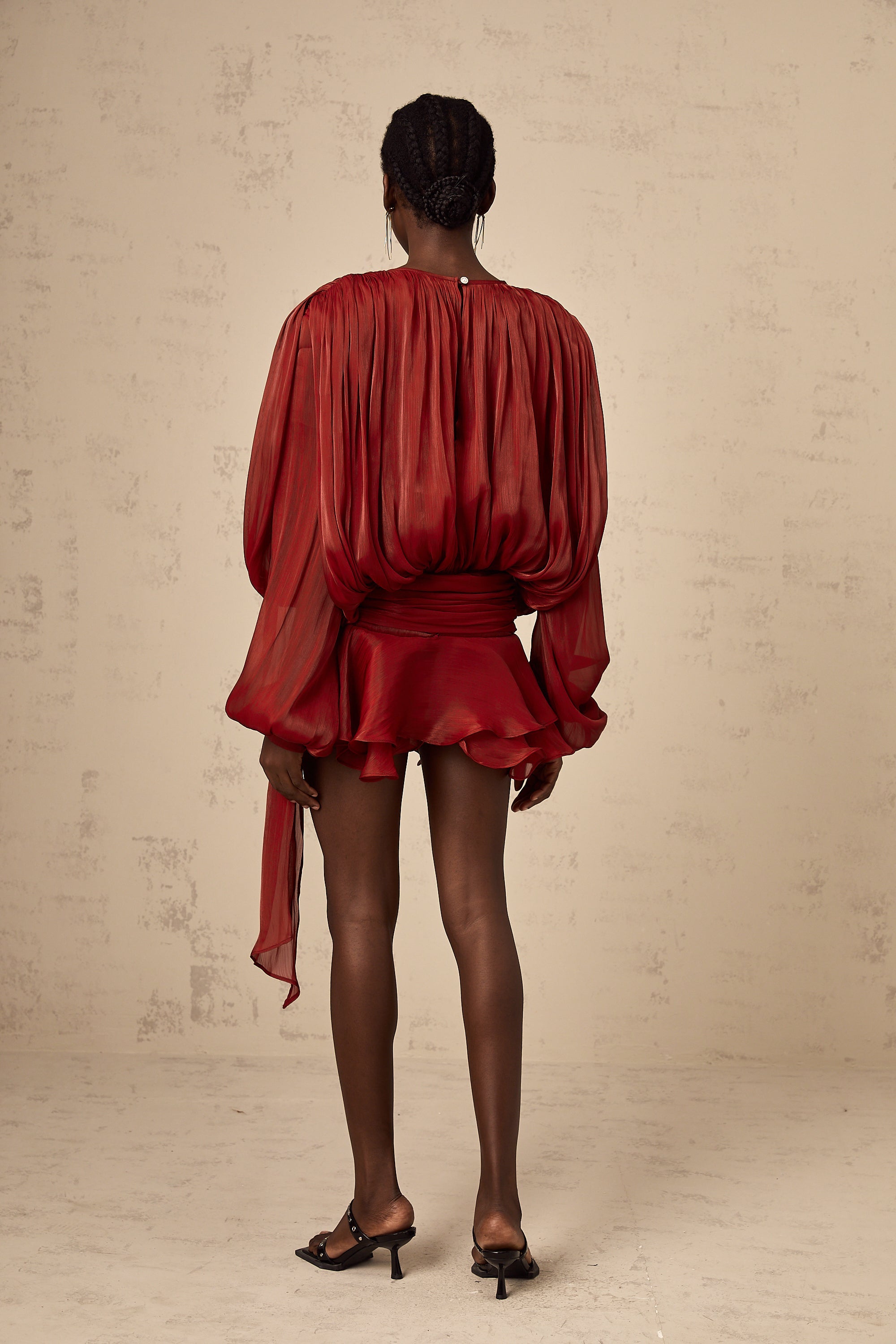 Eugénie Red Fully Pleated Ruffled Mini Dress - Threadford