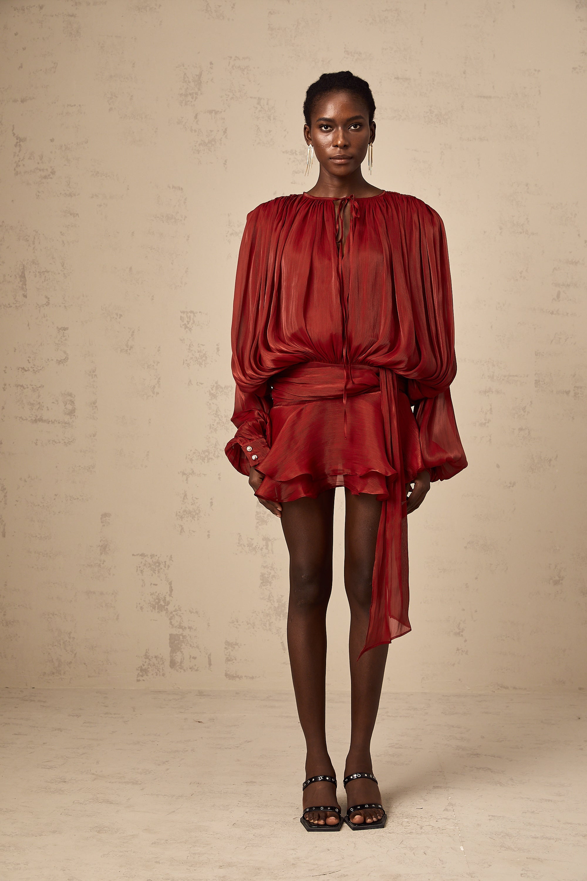Eugénie Red Fully Pleated Ruffled Mini Dress - Threadford