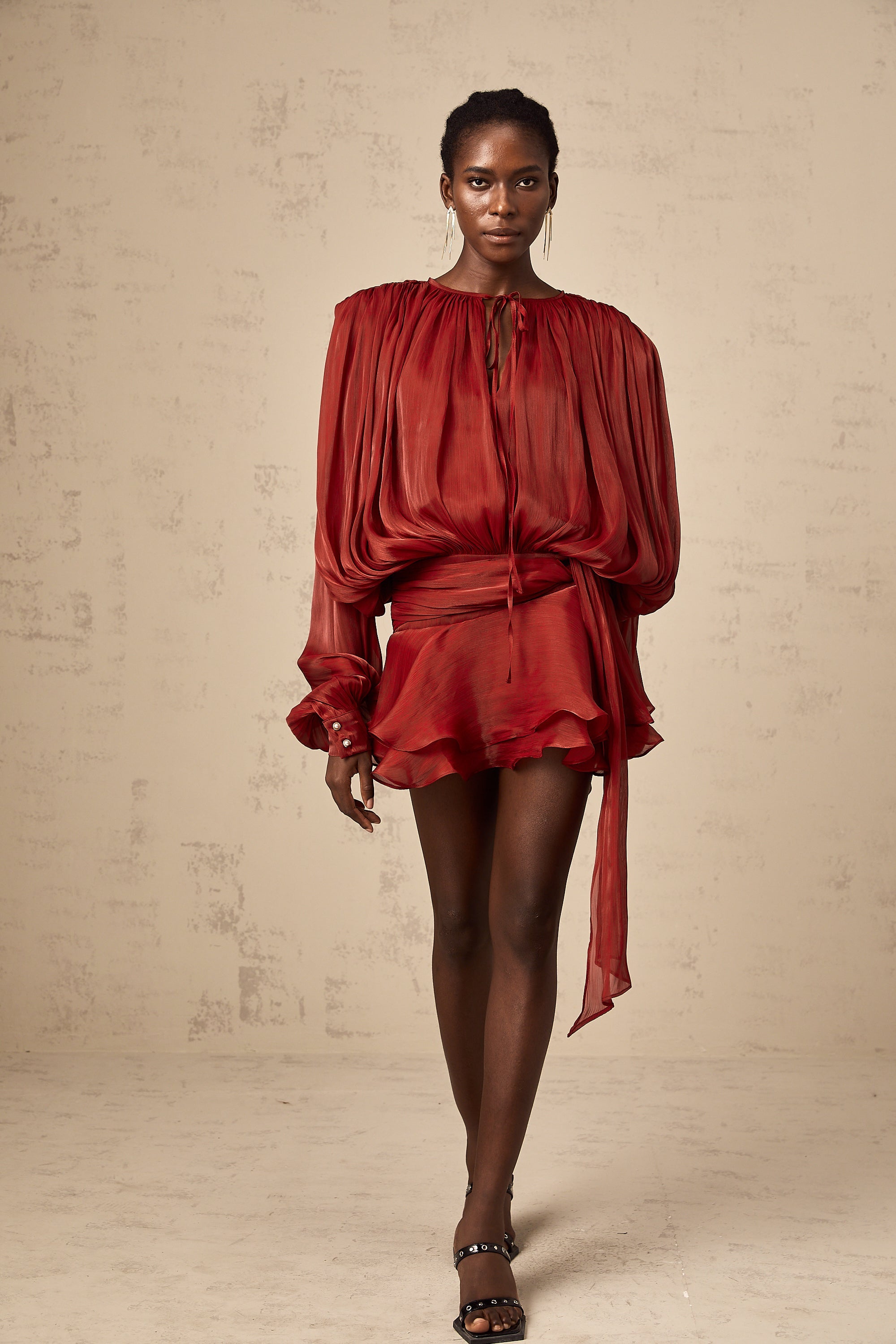 Eugénie Red Fully Pleated Ruffled Mini Dress - Threadford