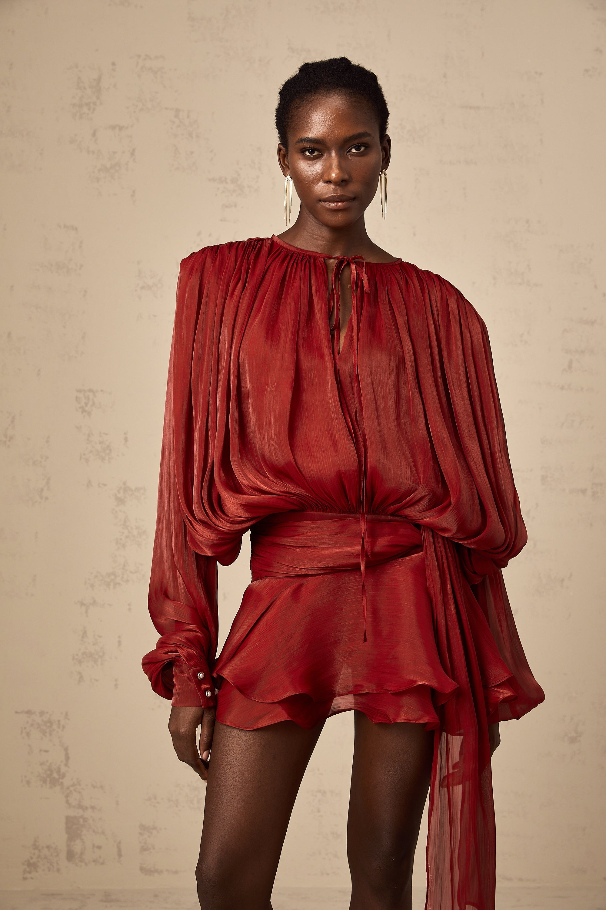 Eugénie Red Fully Pleated Ruffled Mini Dress - Threadford