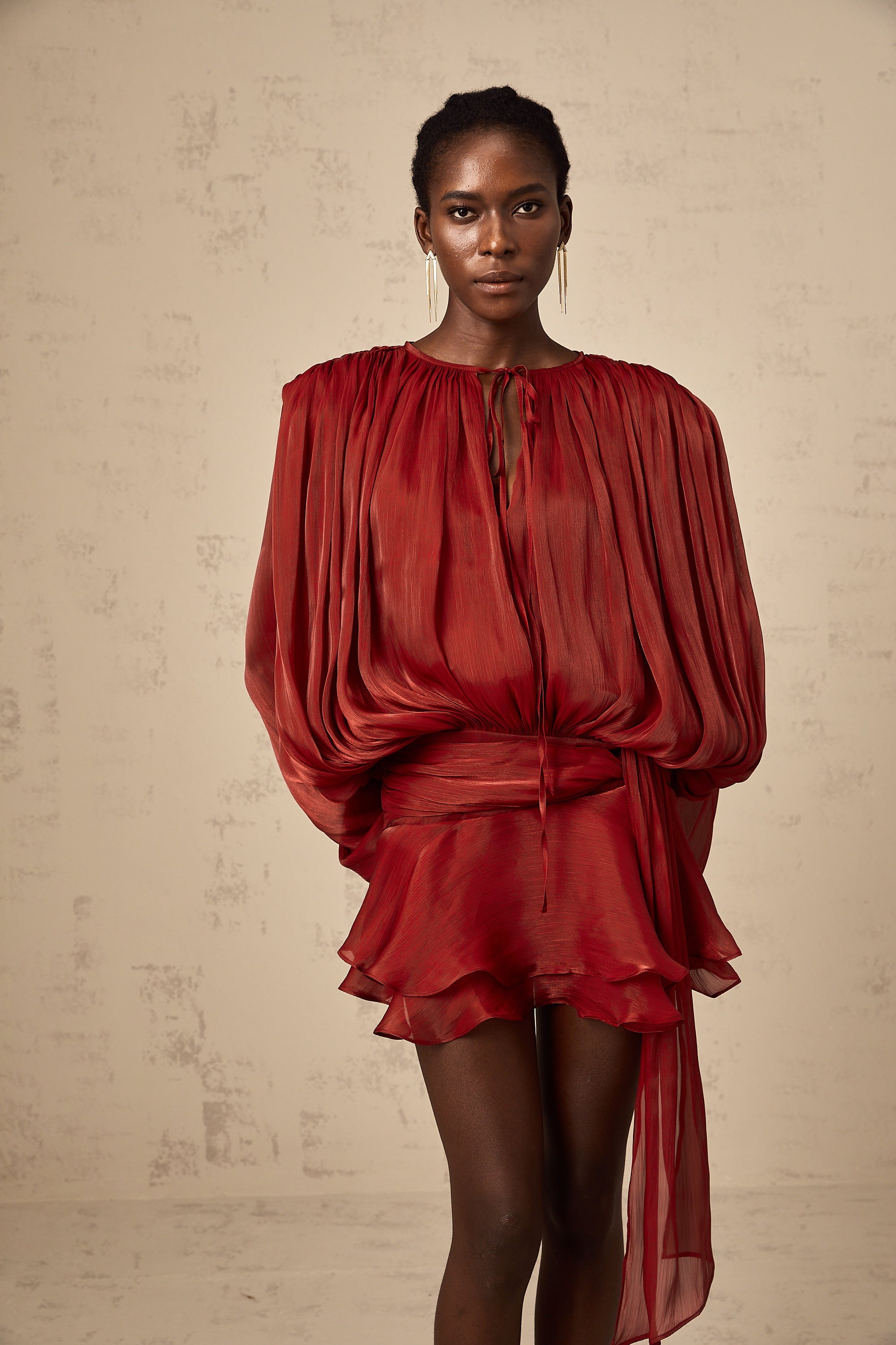 Eugénie Red Fully Pleated Ruffled Mini Dress - Threadford