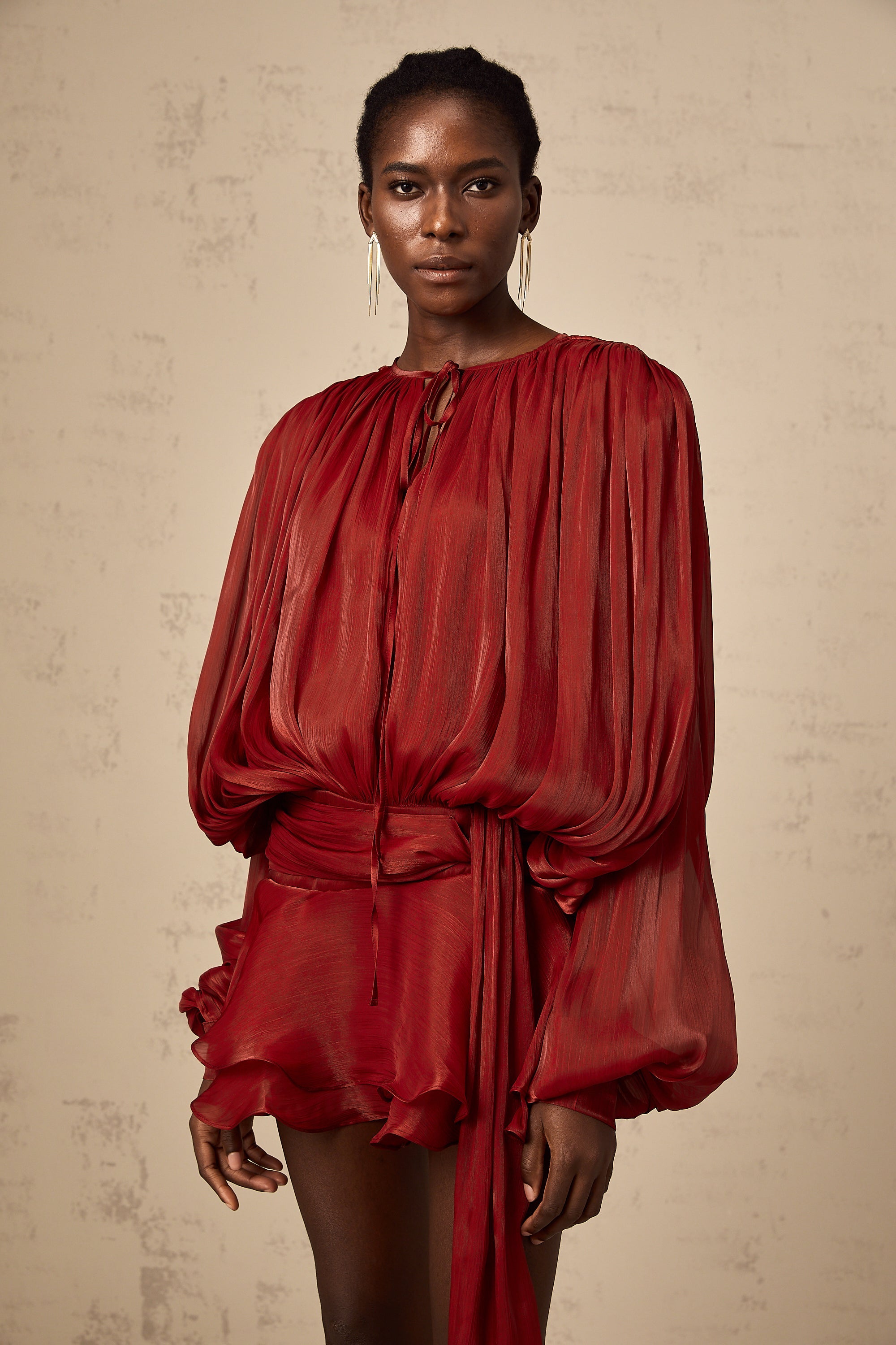 Eugénie Red Fully Pleated Ruffled Mini Dress - Threadford