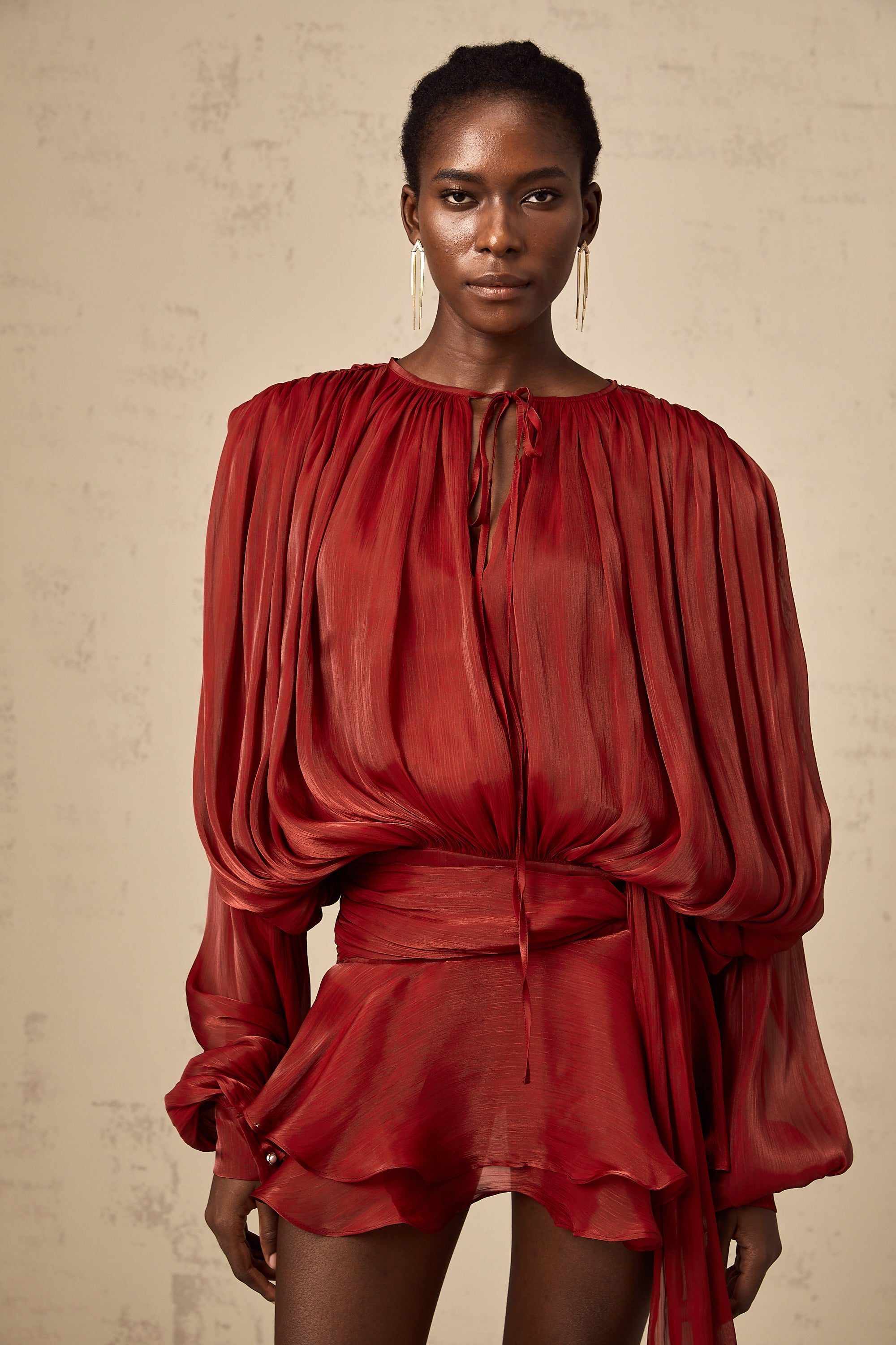 Eugénie Red Fully Pleated Ruffled Mini Dress - Threadford