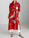 Vintage Crane Art Print Long Sleeve Slit Shirt Dress - Threadford