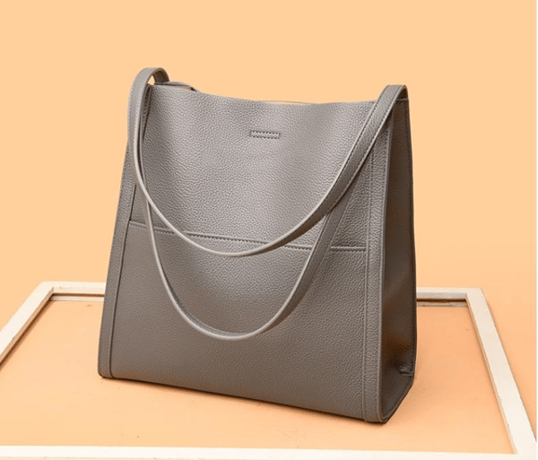 Simple Solid Colour Shoulder Bag Made of Genuine Leather - Threadford