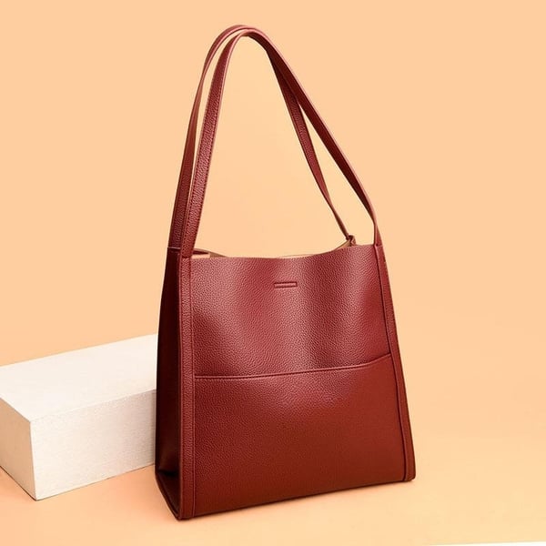 Simple Solid Colour Shoulder Bag Made of Genuine Leather - Threadford