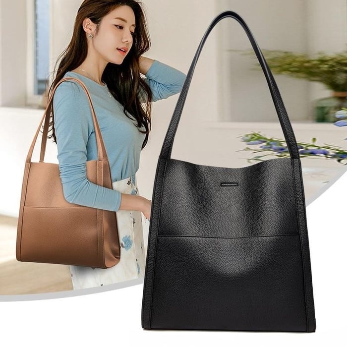 Simple Solid Colour Shoulder Bag Made of Genuine Leather - Threadford
