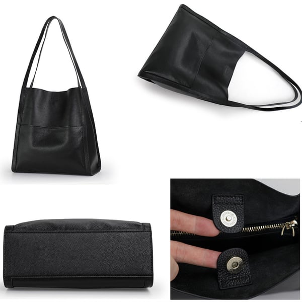 Simple Solid Colour Shoulder Bag Made of Genuine Leather - Threadford