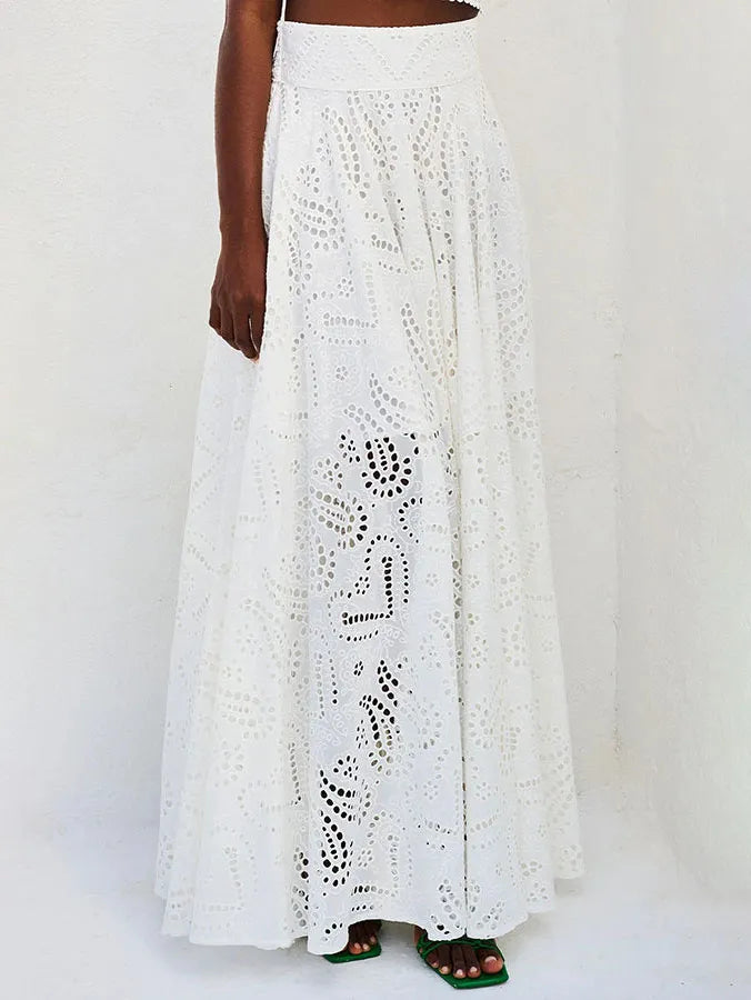Exquisite embroidered hollow lace long A-line skirt - Threadford