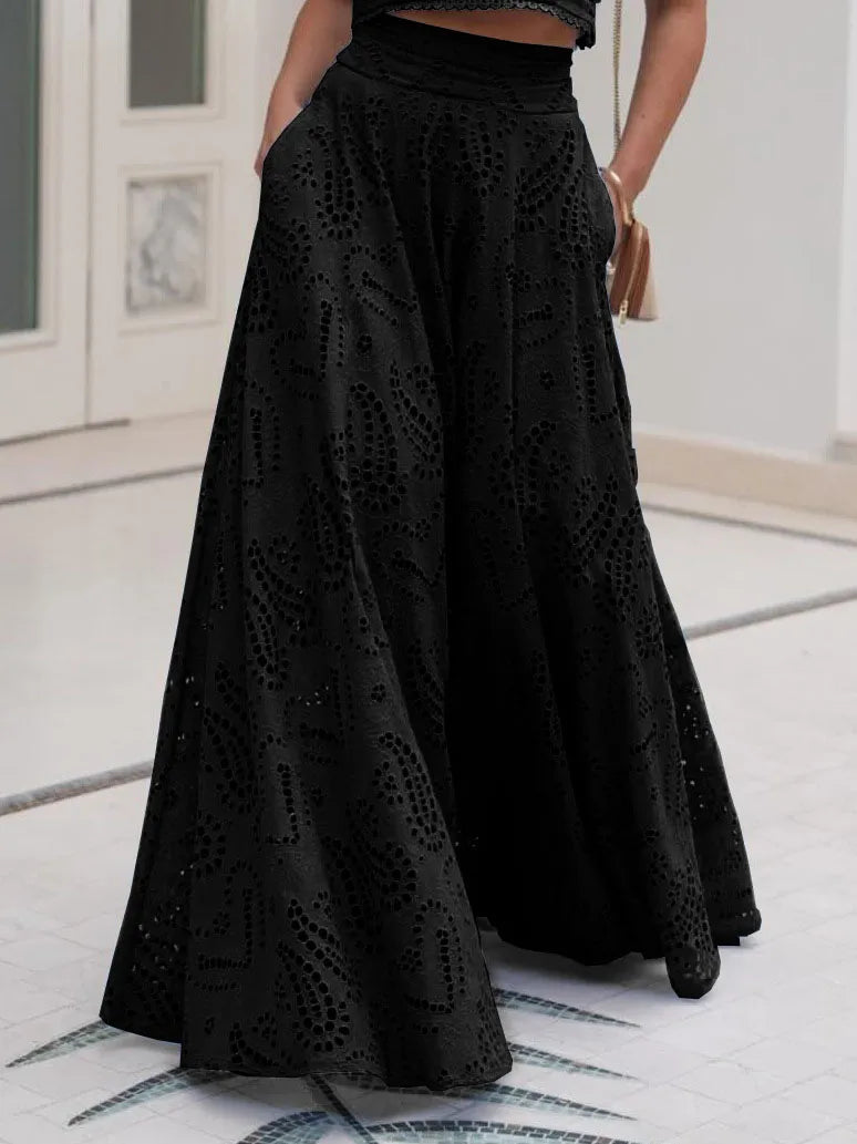 Exquisite embroidered hollow lace long A-line skirt - Threadford