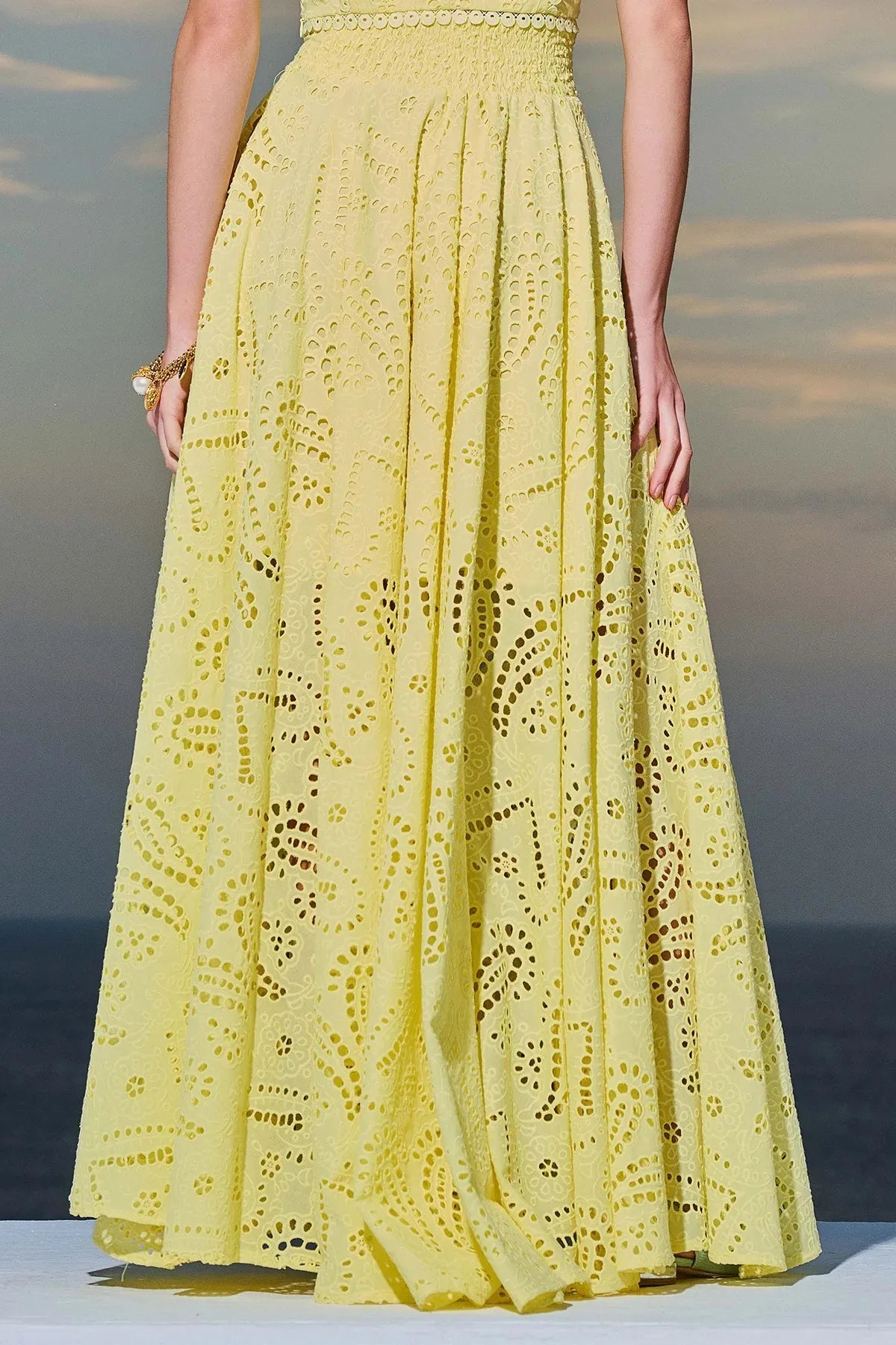Exquisite embroidered hollow lace long A-line skirt - Threadford