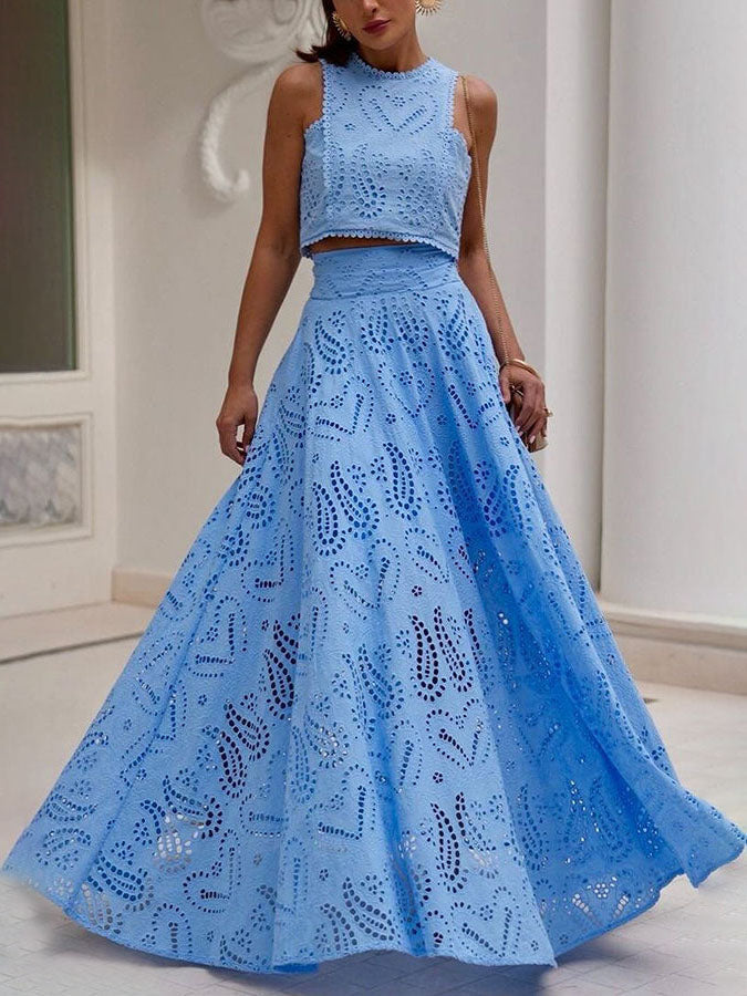 Exquisite embroidered hollow lace long A-line skirt - Threadford