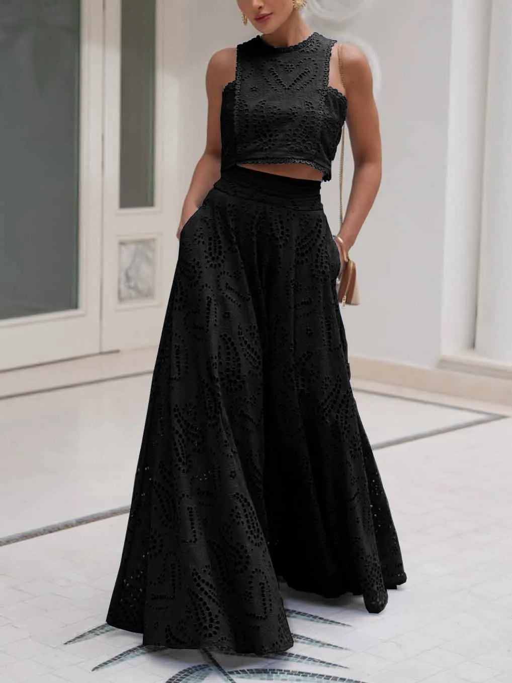 Exquisite embroidered hollow lace long A-line skirt - Threadford