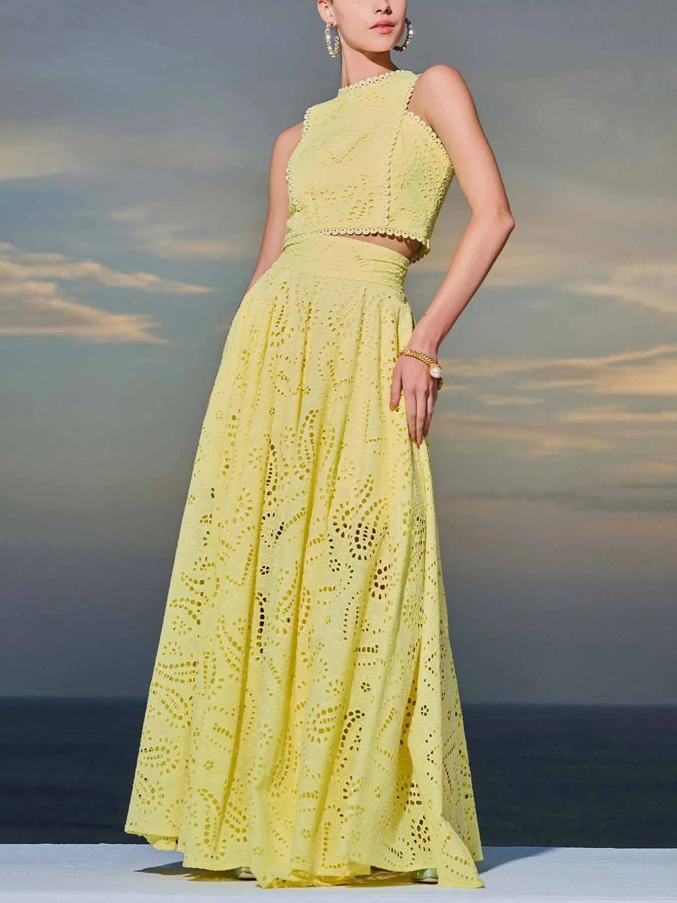 Exquisite embroidered hollow lace long A-line skirt - Threadford