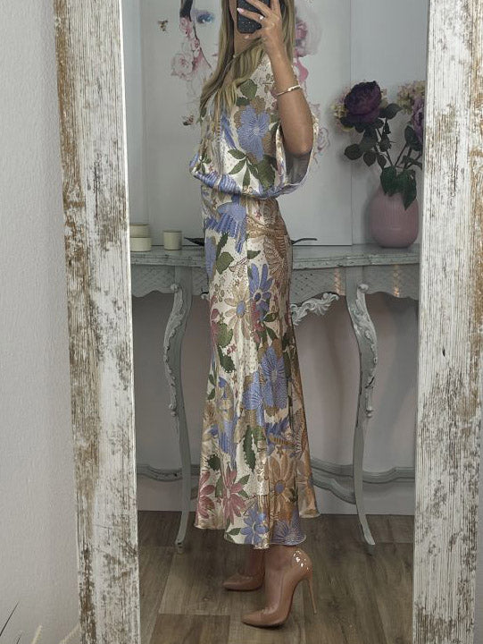 Exquisite Satin Floral Print Fishtail Skirt - Threadford