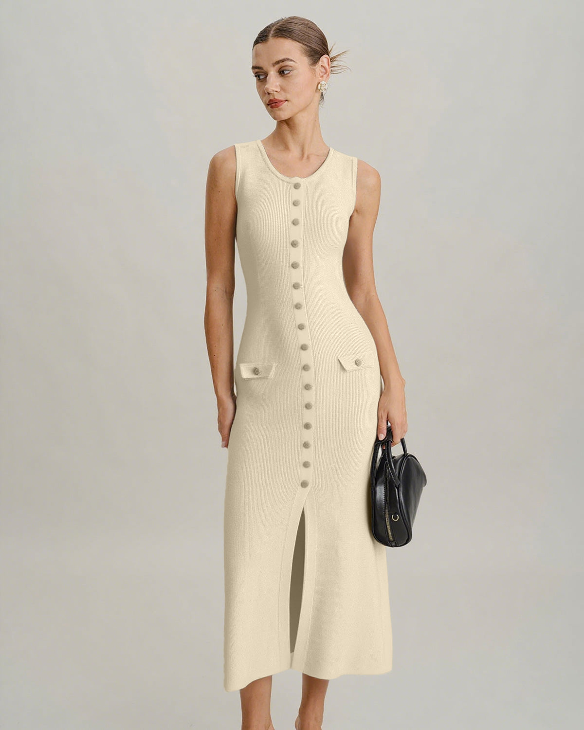 Beige Sleeveless Button Sweater Dress - Threadford