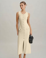 Beige Sleeveless Button Sweater Dress - Threadford