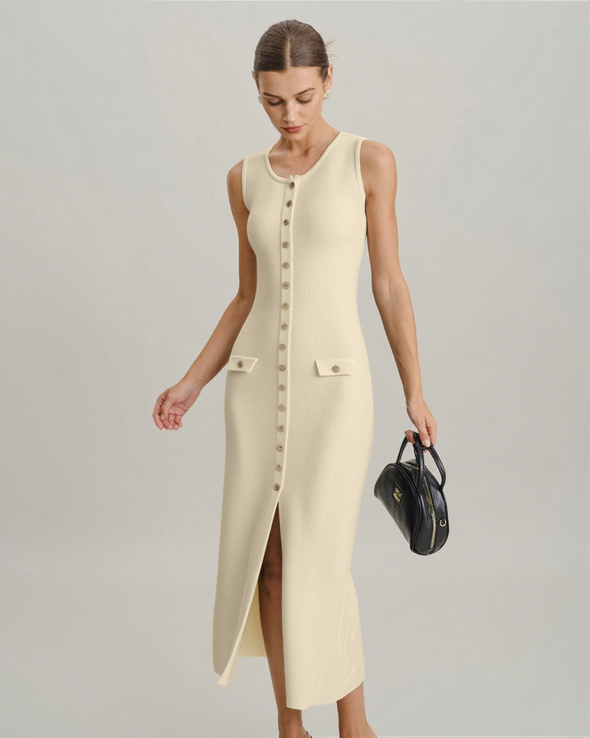 Beige Sleeveless Button Sweater Dress - Threadford