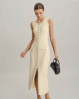 Beige Sleeveless Button Sweater Dress - Threadford