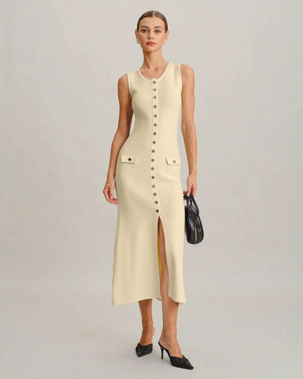 Beige Sleeveless Button Sweater Dress - Threadford