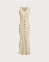 Beige Sleeveless Button Sweater Dress - Threadford