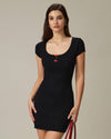 Black Round Neck Ribbed Mini Dress - Threadford