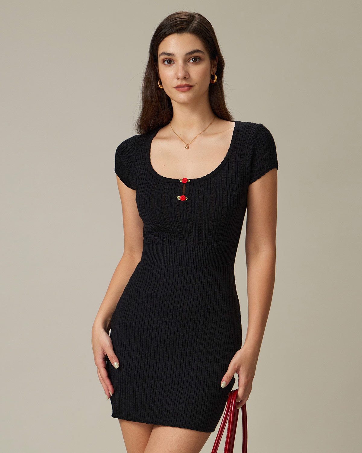 Black Round Neck Ribbed Mini Dress - Threadford