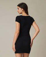 Black Round Neck Ribbed Mini Dress - Threadford
