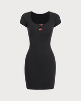 Black Round Neck Ribbed Mini Dress - Threadford